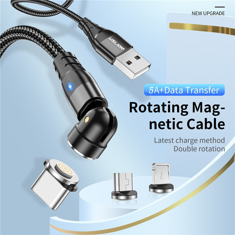 USLION 540 Rotate 5A Magnetic Cable Fast Charging For Mobile Phone Magnet Charger Wire Cord Micro Type C Cable For iPhone Xiaomi