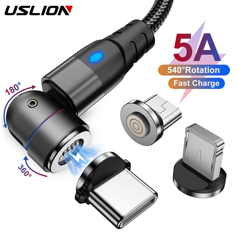 USLION 540 Rotate 5A Magnetic Cable Fast Charging For Mobile Phone Magnet Charger Wire Cord Micro Type C Cable For iPhone Xiaomi