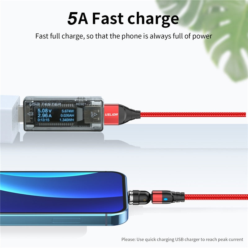 USLION 540 Rotate 5A Magnetic Cable Fast Charging For Mobile Phone Magnet Charger Wire Cord Micro Type C Cable For iPhone Xiaomi